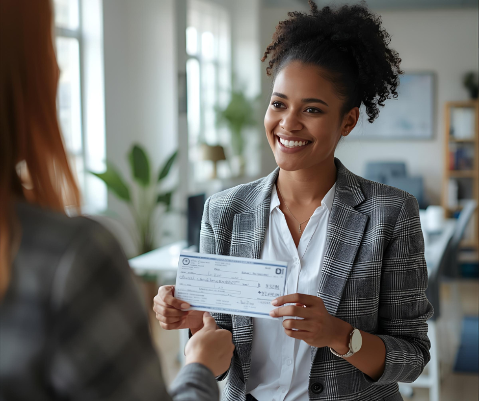 female employee getting handed her paycheck as part of building fair pay and compensation strategy of the company