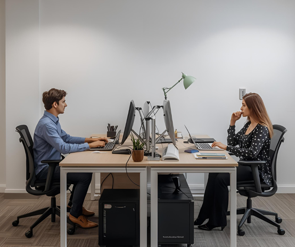 male and female coworkers sitting across each other in their office and respective desks as depiction of existing gaps in fair workplaces
