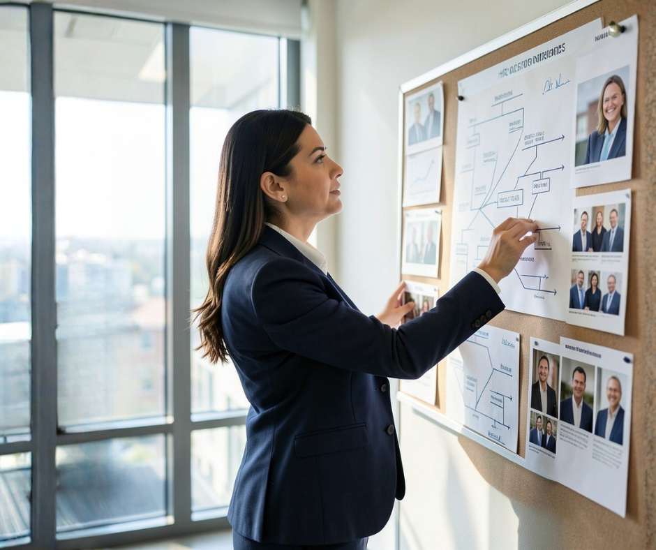 a female HR employee mapping the company's organizational chart as part of succession planning talent strategy