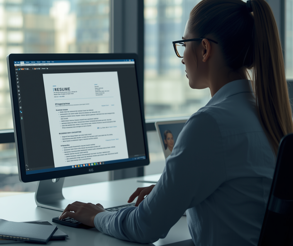 female candidate editing her resume in 2026 tailoring her qualifications infront of her desktop computer