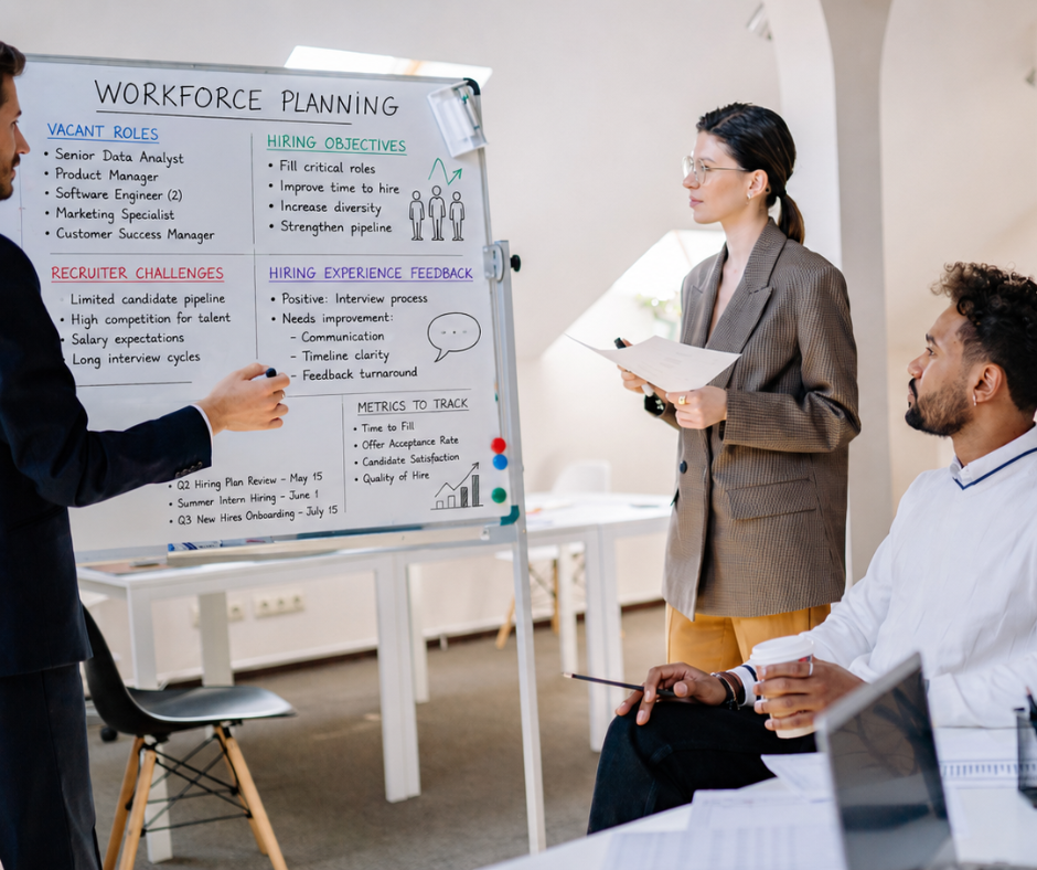 an HR team having a meeting on their hiring process as part of workforce planning