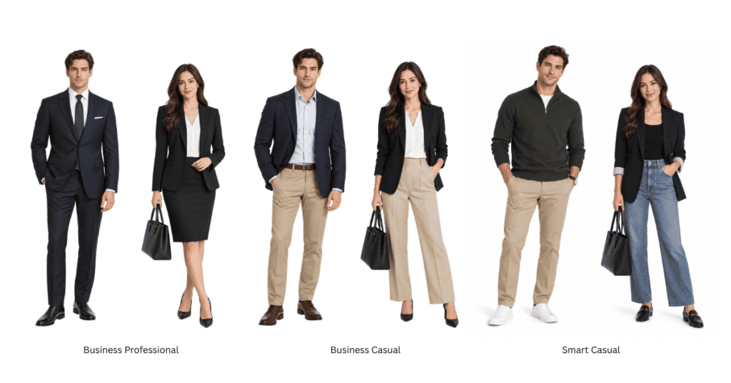 a visual practical guide to common dress categories to reinforce Rethinking What It Means to Dress for an Interview